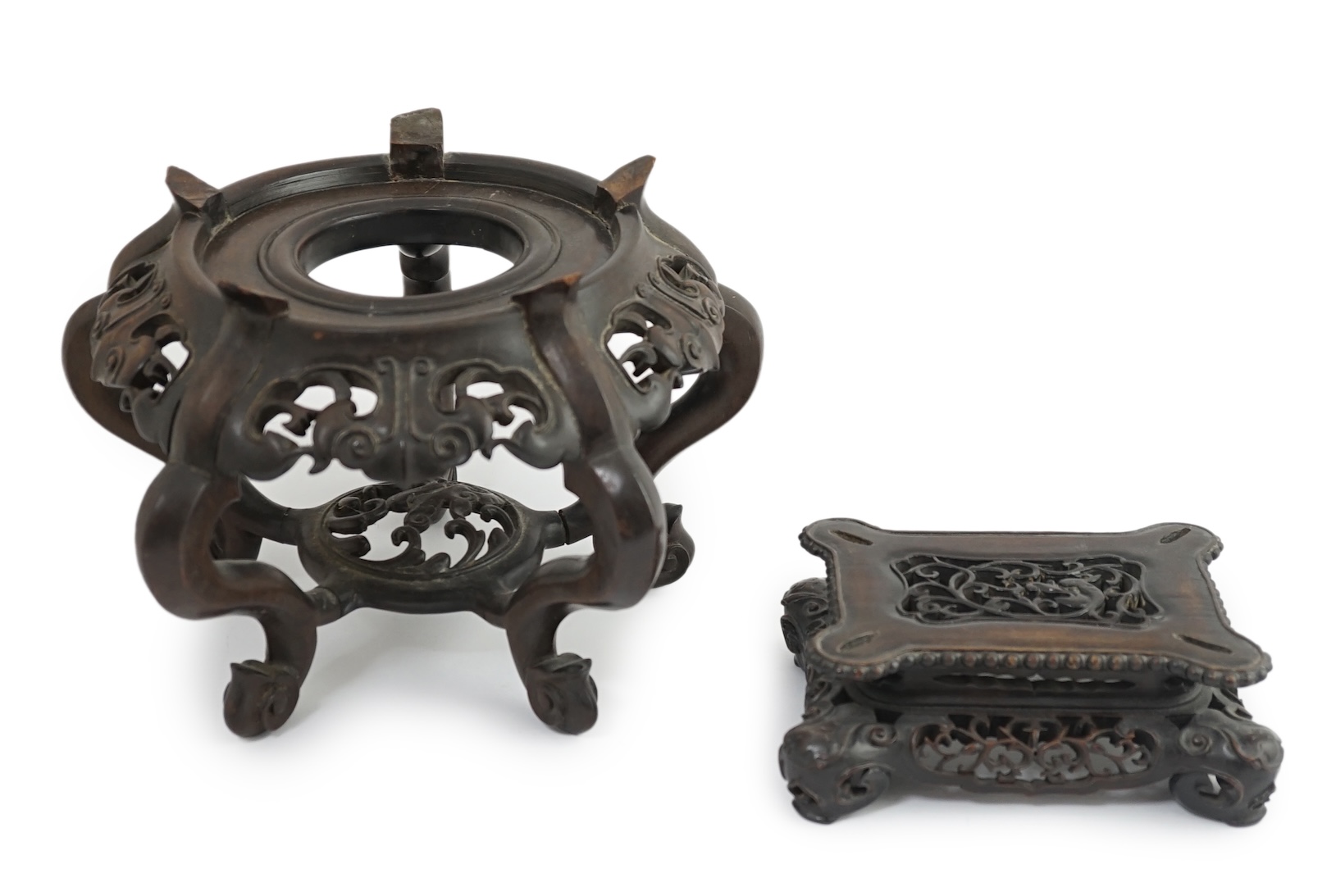 A large Chinese hongmu vase stand and a rectangular hongmu fangding censer stand, late 19th century